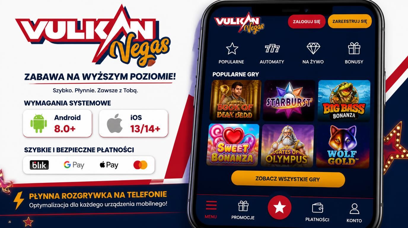 Ikona aplikacji Vulkan Vegas z wymaganiami systemowymi Android 8.0+ i iOS 13/14, mobilne płatności i płynność gier na telefonie