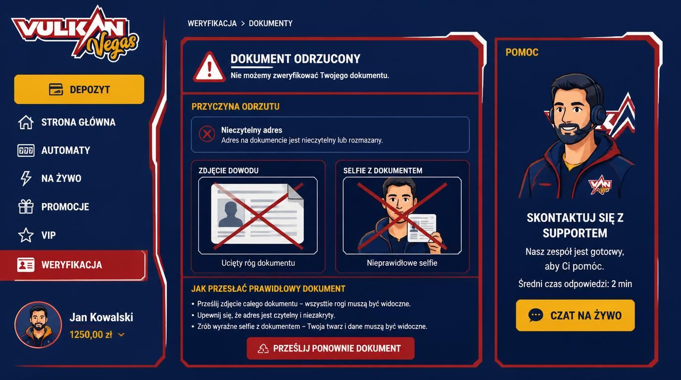Pokazanie komunikatu o odrzuconej weryfikacji dokumentów oraz wskazówek, co poprawić